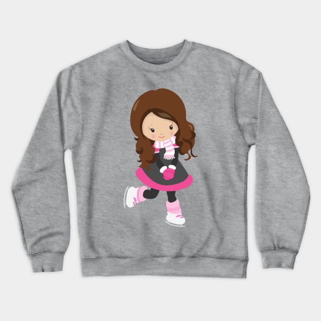 Ice Skating Girl, Cute Girl, Brown Hair, Scarf Crewneck Sweatshirt by Jelena Dunčević